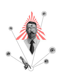 Modern design, contemporary art collage of man all seeing eye element isolated over white background. Diversity of thoughts, split of opinion