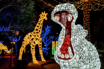 The Very beautiful Christmas lights in Gaeta, fairy tales of light 2019, Gaeta, Lazio, Italy. Representation of hippo and giraffe