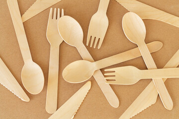 Disposable wooden spoon knife and fork top view