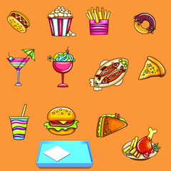 Fast food cartoon illustrations with burgers fries donuts drinks and other snacks