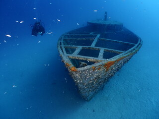  shipwreck scenery underwater ship wreck deep blue water ocean scenery of metal underwater scuba...