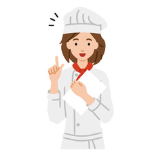 立って書類を手に持って何かひらめいた調理師の女性