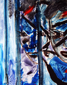 Avant-garde art. Woman's face in the mirror, watercolour painting
