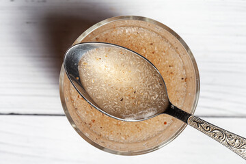 A tablespoon of hydrated psylium husk superfood, source of soluble fiber for intestinal health