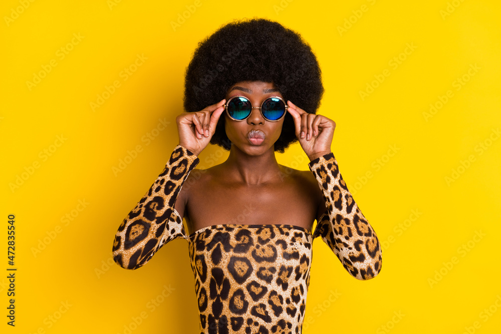 Poster photo portrait woman wearing glamorous leopard dress sunglass sending air kiss isolated vibrant yell