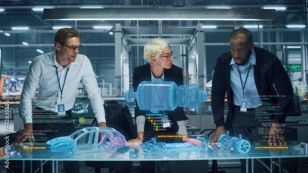 Aufkleber Green Energy Car Design: Diverse Team of Automotive Enginers Using Augmented Reality Hologram to Construct 3D Model of High-Tech Electric Vehicle Optimizing Engine. Automated Robot Arm Manufacturing