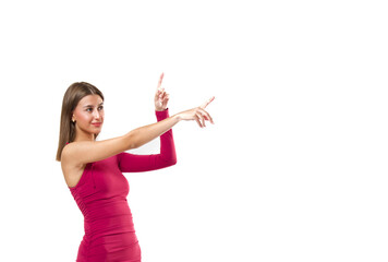 Woman pointing to the side to showing or present something over an isolated background.