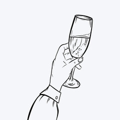 A woman's hand holds a glass of champagne. Vector graphics. Vector illustration