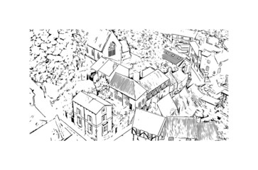 Obraz premium Building view with landmark of Lincoln is the city in Oregon. Hand drawn sketch illustration in vector.