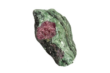 Macro of mineral stone ruby in rock on white background