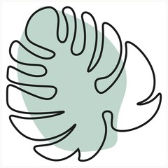 Monstera plant with a solid one-line pattern in the style of minimalism. Monstera leaf close up. Decorated flat vector illustration. Simple modern minimalist style on a white background.