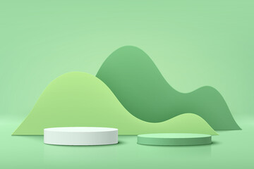 Abstract white and green realistic 3D cylinder pedestal podium set with green layers wavy backdrop. Pastel minimal scene for product display presentation. Vector rendering geometric platform design. - obrazy, fototapety, plakaty