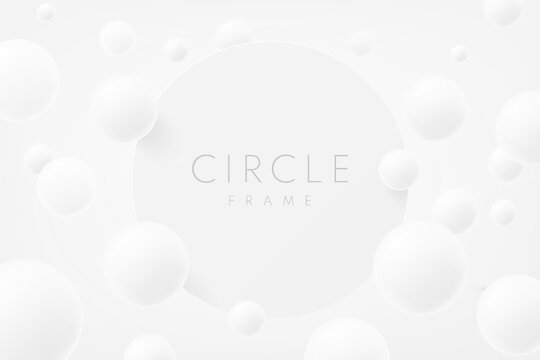 Abstract realistic 3d white circle frame with white bubble or sphere balls flying on air. Top of cylinder pedestal podium design. Product display presentation. Futuristic silver minimal wall scene.