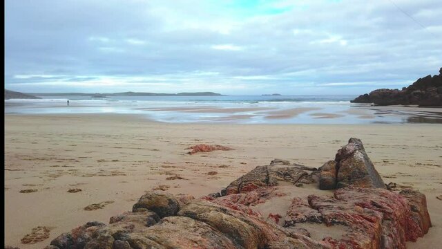 4K landscape of the beach and sea, cloudy day in Scotland