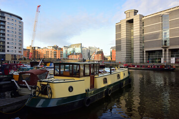 Narrowboats in Leeds Dock on the River Aire.