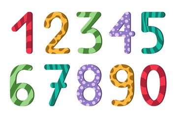 Set of colorful funny numbers for kids on white background. Vector illustration