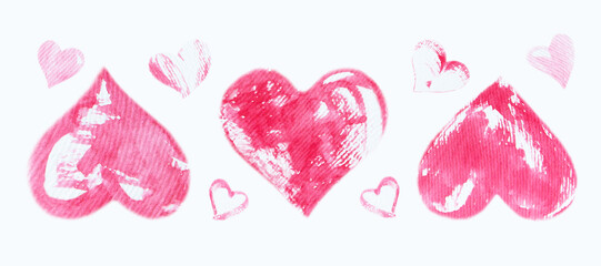 Watercolor hearts white background. Pink ones of different sizes drawn by hand for the design of postcards, textiles, banners, patterns. Horizontal pattern of isolated hearts. Valentine's Day Concept