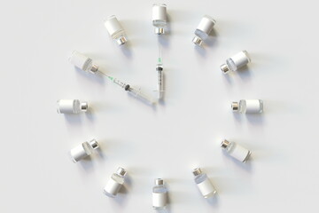 Clock face made with vaccine vials and syringes. Vaccination time concept. Medical 3D rendering