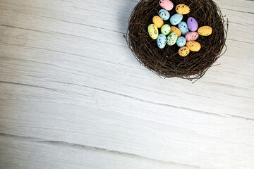Colorful Easter Egg Nest with Extra White or Gray Wood Board Background for room or space for copy, text, words. A flat lay with square crop, Happy Easter Holliday concept