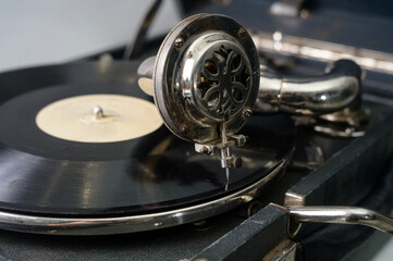 Fragment of old gramophone with a needle and a record