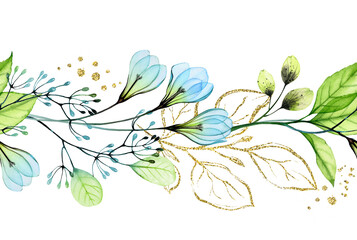 Watercolor seamless floral border. Abstract design element with blue flowers and golden glitter branches. Botanical hand drawn illustration for spring wedding invitations and Easter cards