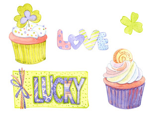 Watercolor clip art. St. Patrick's Day. Clover, gift, cakes.