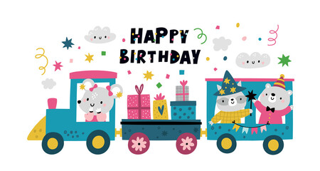 Baby happy birthday train with cartoon animals, gifts, serpentine. Birthday illustration for kids celebration banner, card, poster, invitation, party print. Locomotive with mouse, bear, raccoon