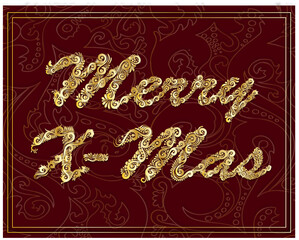 Golden Decorative Filigree Scroll-work Merry X-Mas On Burgundy and Gold Leaf Background