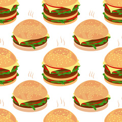 Burger. Seamless pattern. Color drawing in the flat style.