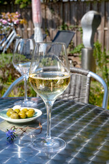 Drinking of dry white wine on open terrace in spring garden