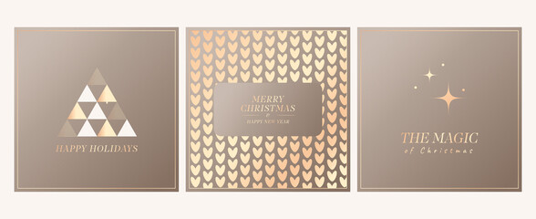 Vector templates for Christmas magic cards with geometric tree and knitted pattern. Gold text Happy New Year for your greeting card. Vector christmas social media template in gold tones