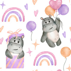 Hand drawn cute isolated baby girl holiday watercolor hippo animal seamless pattern.