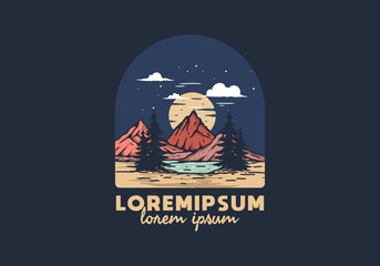Lake and mountain with big moon illustration