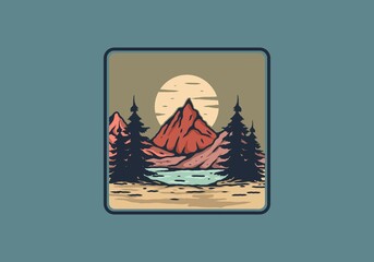 Lake and mountain with big moon illustration