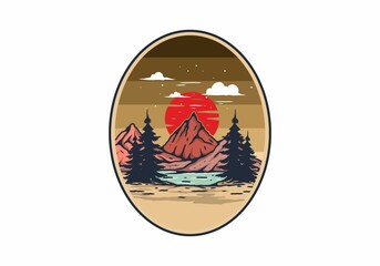 Lake and mountain with big moon illustration