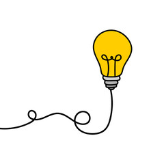 A light bulb with rays is shining. Cartoon style. Flat style. Hand drawn style. Doodle style.