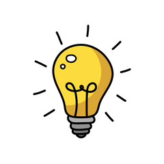 A light bulb with rays is shining. Cartoon style. Flat style. Hand drawn style. Doodle style.