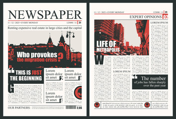 Vector newspaper layout with headlines, illustrations and imitation of text. News column articles and daily advertising construction.Newsprint design or magazine page template with black and red print