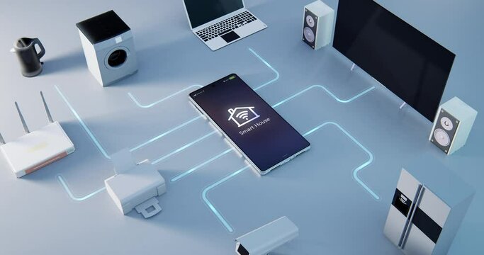From above smartphone connected with various modern devices and appliances as part of smart house on gray background