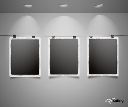 Set of photos on thread with lighting. Art gallery of photo frames hanged on rope. Vector mockup design template