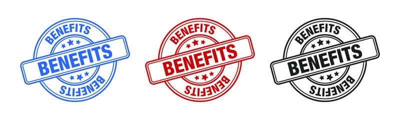 Benefits - Stamp, Imprint, Seal Template. Grunge Effect. Vector Stock Illustration. Set