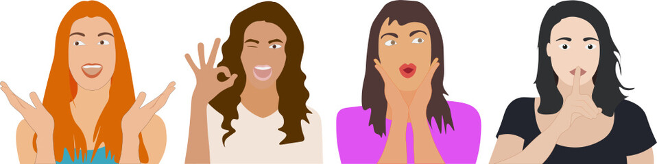 Rostros de mujeres diferentes. Gestos. Fondo transparente	
