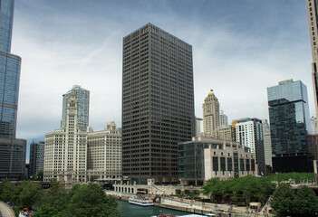 Street photo in Chicago with clear skies and buildings