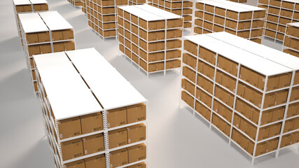 Rows of shelves with boxes in the factory warehouse. A perfectly white clean warehouse. Smooth boxes. Sample. Structured warehouse