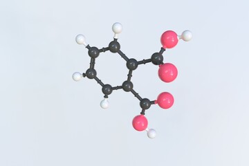 Phthalic acid molecule made with balls, isolated molecular model. 3D rendering