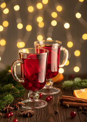 Mulled wine in glasses on the Christmas table