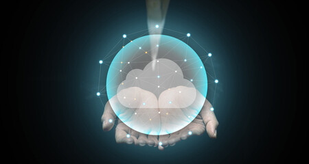 Glowing circle on human hand with connecting lines around it and cloud image inside, cloud storage...