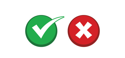 Check mark choice icons. Tick and x, confirm and deny circle icon button. Checkbox button for choose, circle answer box for checklist, approval sign.