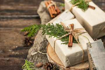 Zero waste gift concept. Christmas or New Year eco-friendly packaging. Festive boxes in craft paper