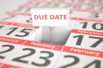 DUE DATE sign on February 16 in a calendar, 3d rendering